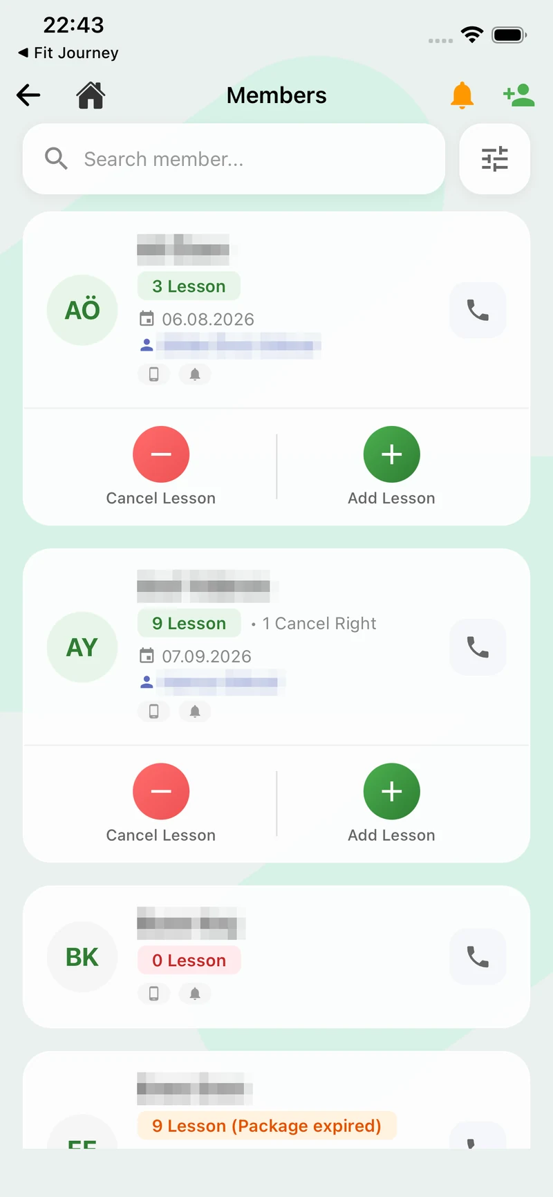 Member list: package status, remaining classes and quick actions