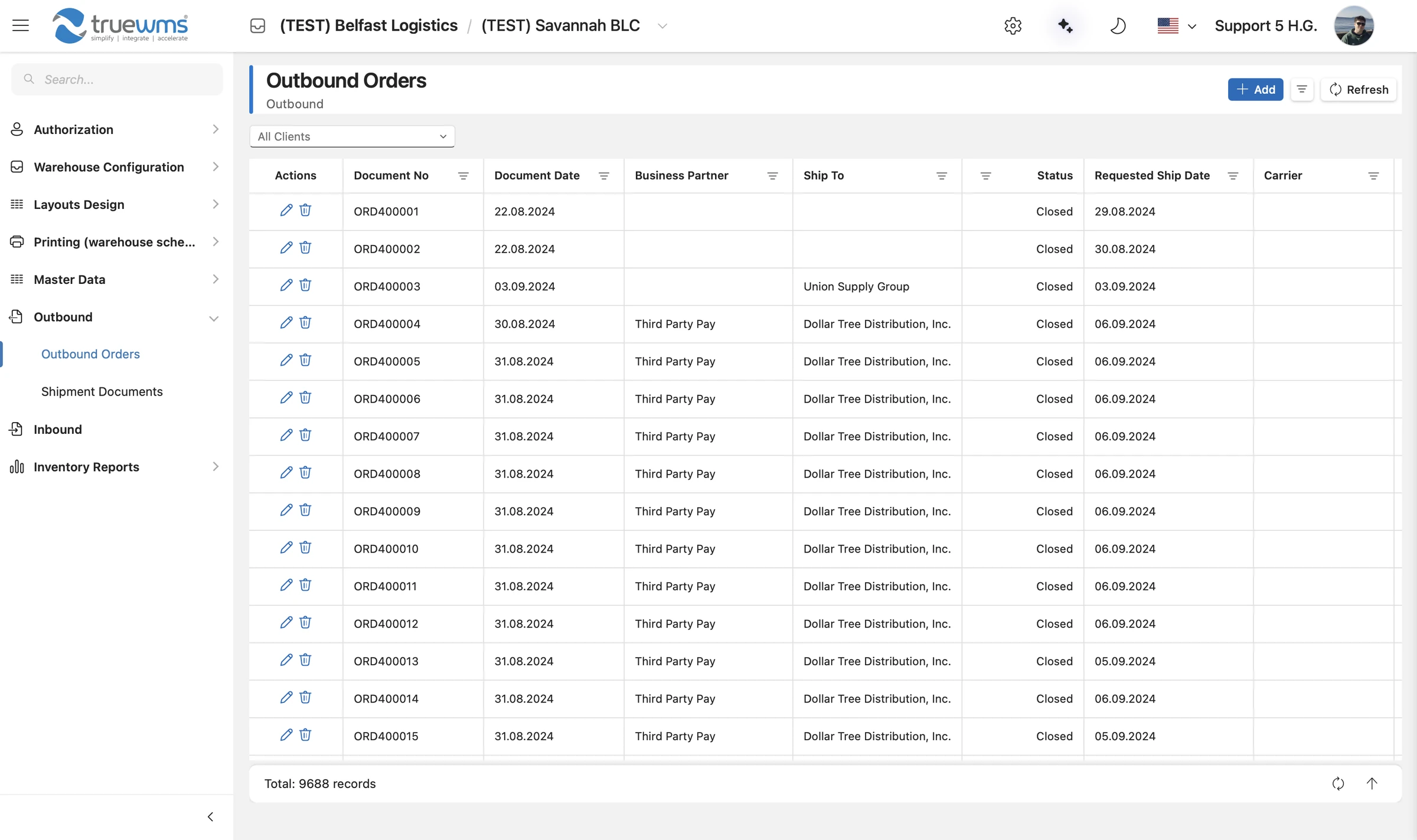 Outbound orders screen: an order table spanning thousands of records
