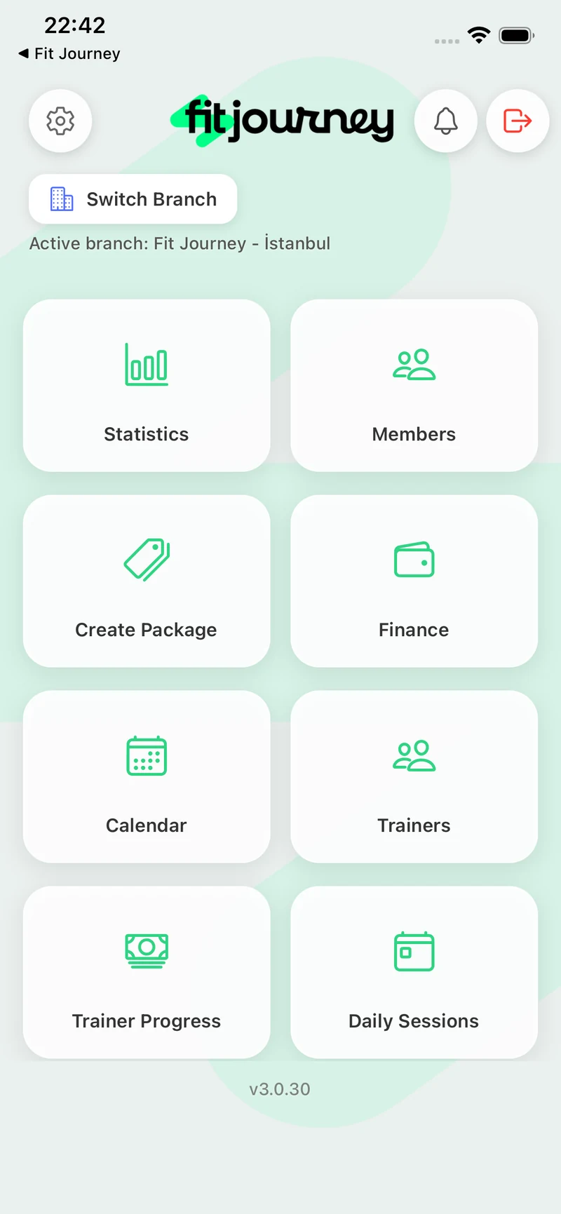 FitJourney management app: module home screen