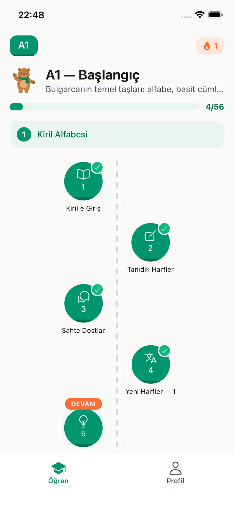 Lesson path: A1 level with the module–unit–exercise flow