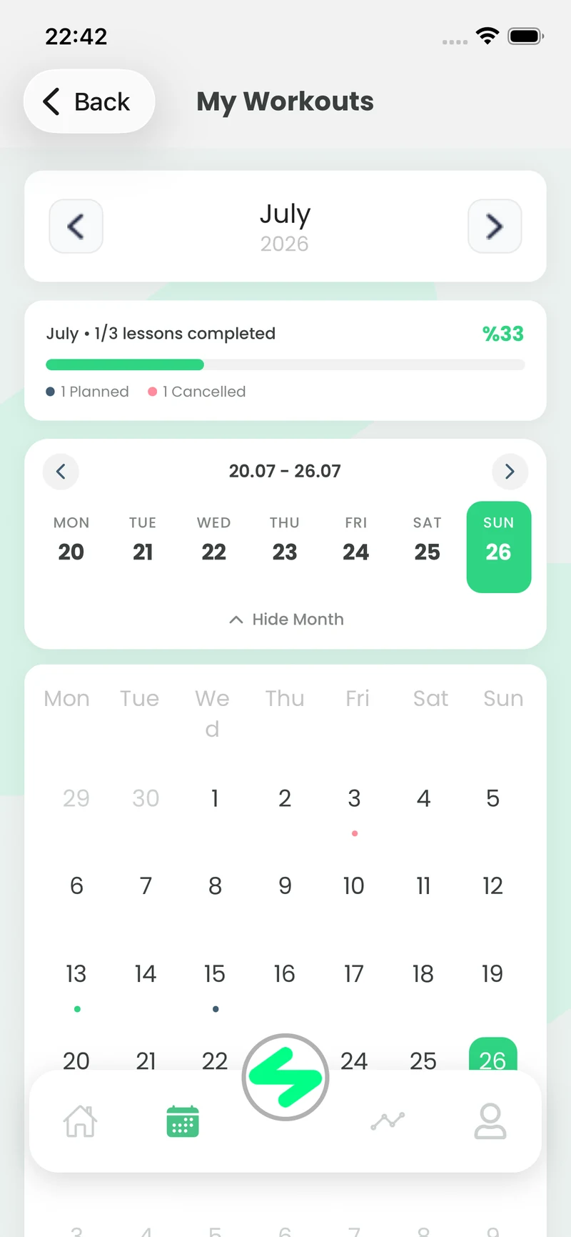 Workout calendar: monthly progress and class days
